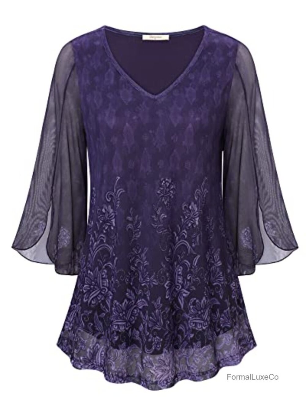 Women's Ruffle 3/4 Sleeve V Neck Mesh Tunic Top Loose Fit Flowy Blouse